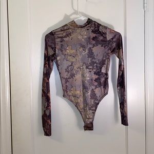 Grey Marble Printed Slinky High Neck Bodysuit